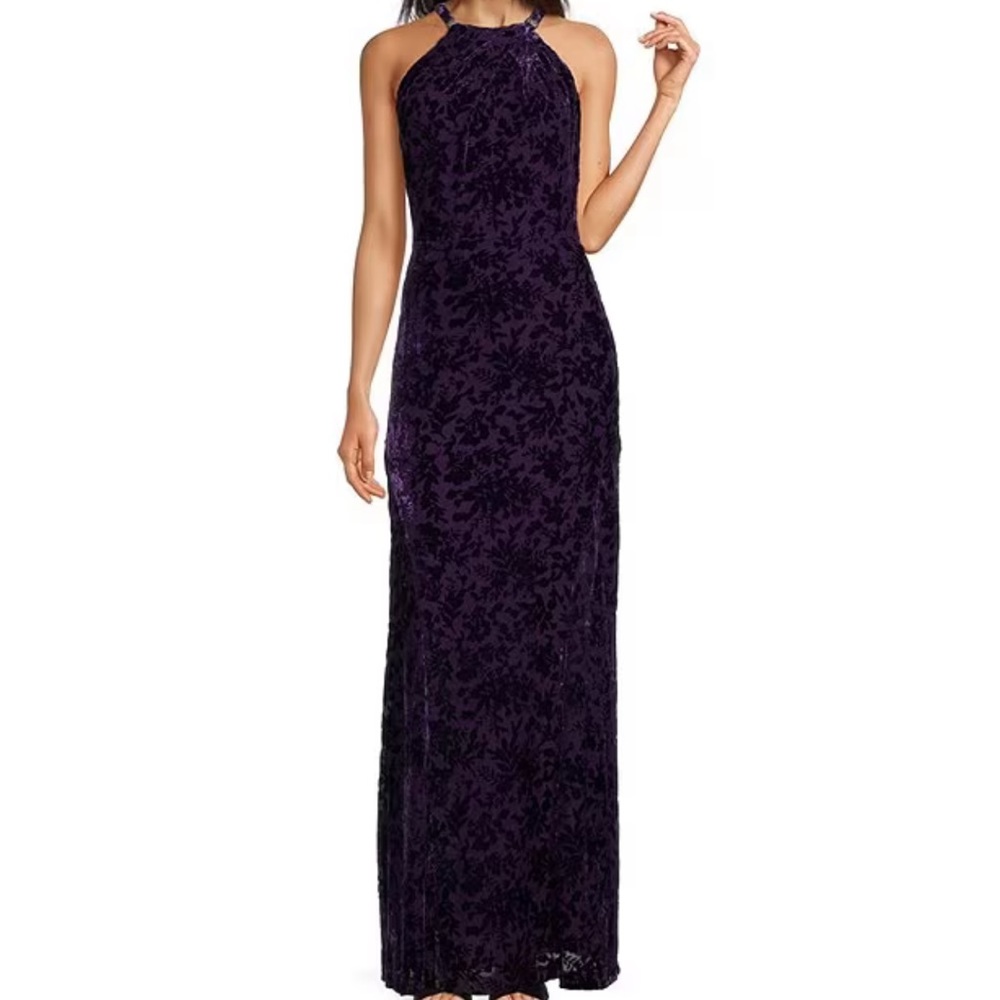Lauren Ralph Lauren Velvet Burnout Crystal Embellished Halter Neck Sheath Gown